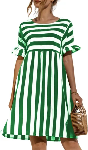 Womens Striped Summer Dress Ruffle Short Sleeve Crewmeck Shirt Dress Loose 2024 Sundresses S-5XL