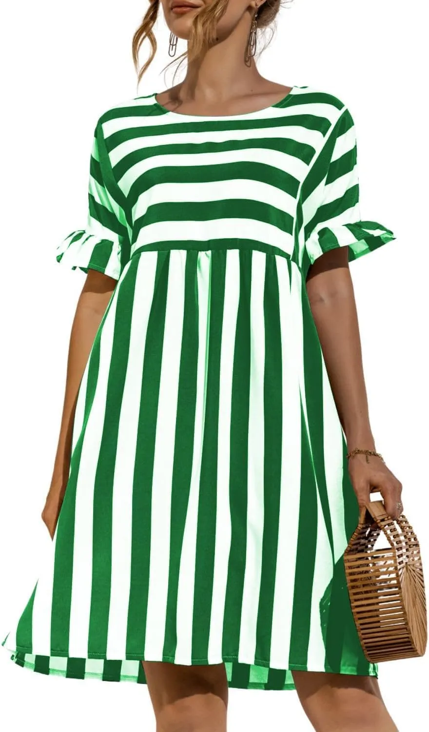 Womens Striped Summer Dress Ruffle Short Sleeve Crewmeck Shirt Dress Loose 2024 Sundresses S-5XL