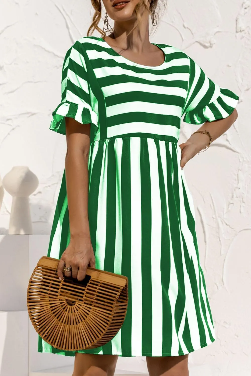 Womens Striped Summer Dress Ruffle Short Sleeve Crewmeck Shirt Dress Loose 2024 Sundresses S-5XL