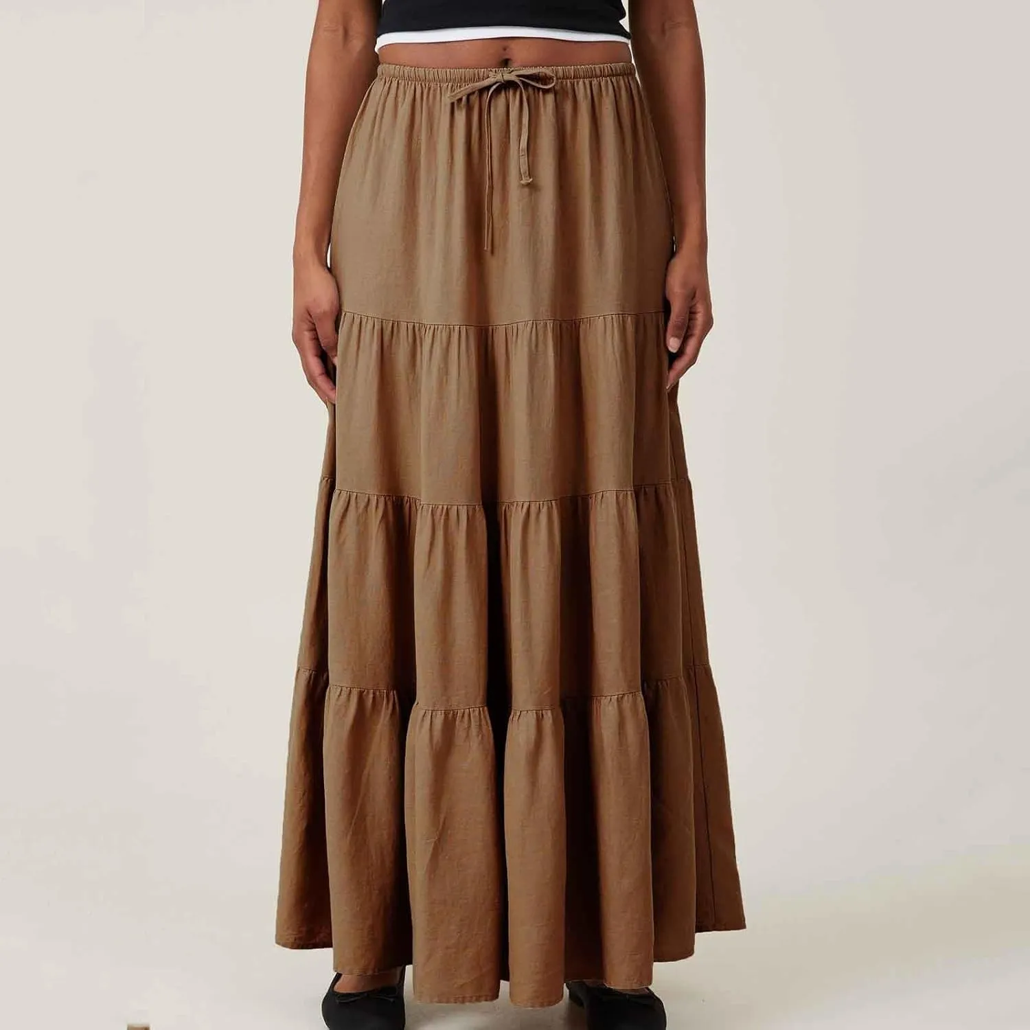 Women's Summer Boho Vacation Beach A-Line Midi Skirt Pleated Ruffle Drawstring Elastic High Waist Tiered Flowy Skirts