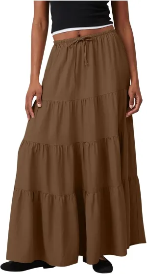 Women's Summer Boho Vacation Beach A-Line Midi Skirt Pleated Ruffle Drawstring Elastic High Waist Tiered Flowy Skirts