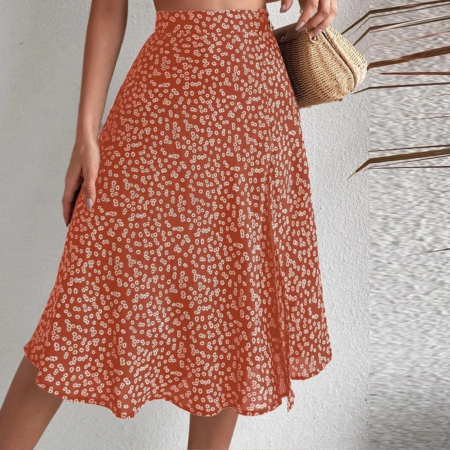 Women's Summer Casual Loose Trendy Elastic High Waist Floral Print Bohemian Split Sun Beach Midi Skirts 2025, S-3XL