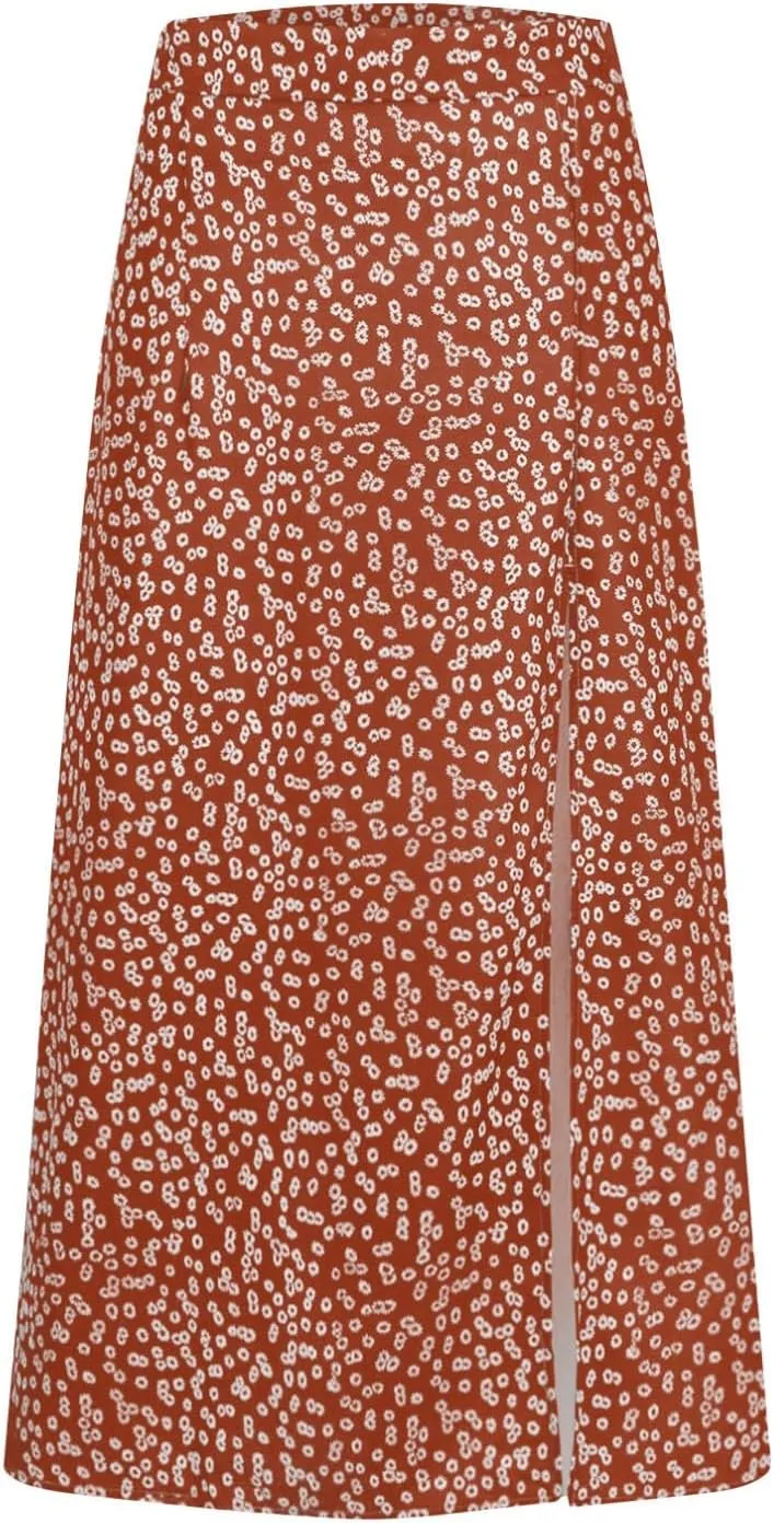 Women's Summer Casual Loose Trendy Elastic High Waist Floral Print Bohemian Split Sun Beach Midi Skirts 2025, S-3XL