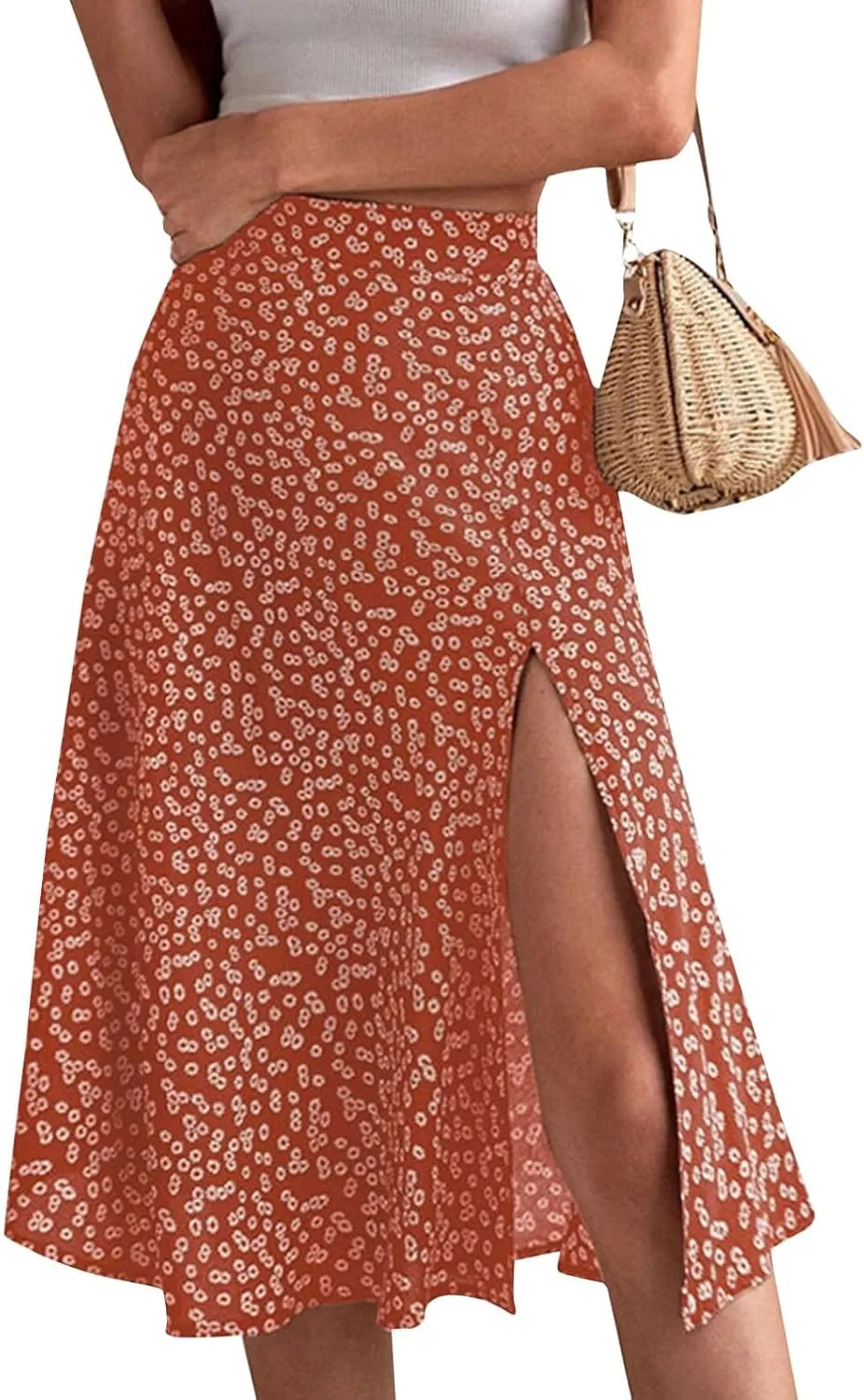 Women's Summer Casual Loose Trendy Elastic High Waist Floral Print Bohemian Split Sun Beach Midi Skirts 2025, S-3XL