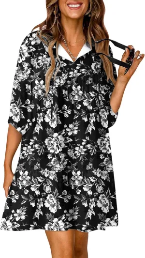 Womens Summer Casual V-Neck 3/4 Sleeve Sundress Boho Print Hawaiian Beach Dress Flowy Swing Vacation Mini Dress