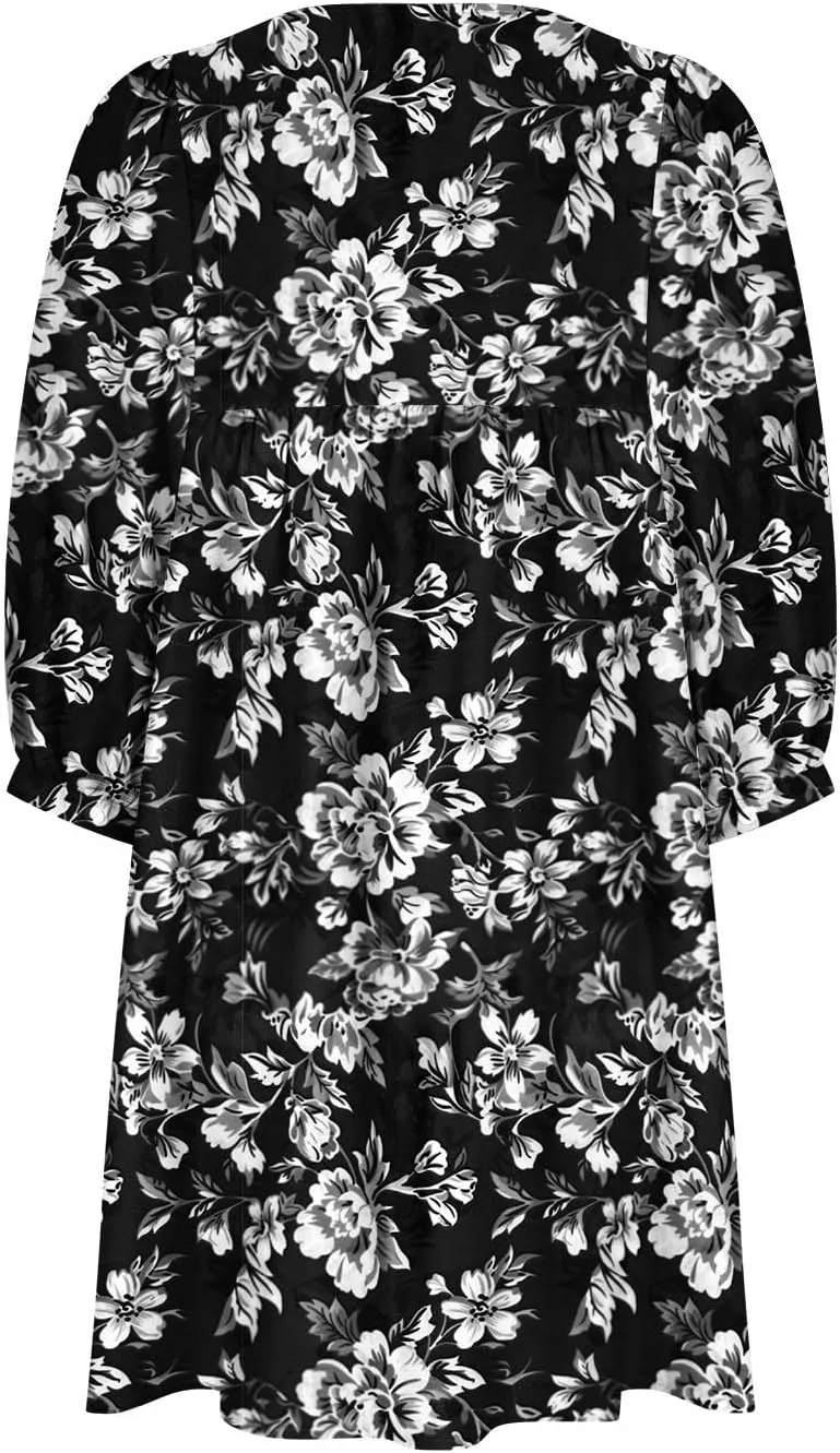 Womens Summer Casual V-Neck 3/4 Sleeve Sundress Boho Print Hawaiian Beach Dress Flowy Swing Vacation Mini Dress