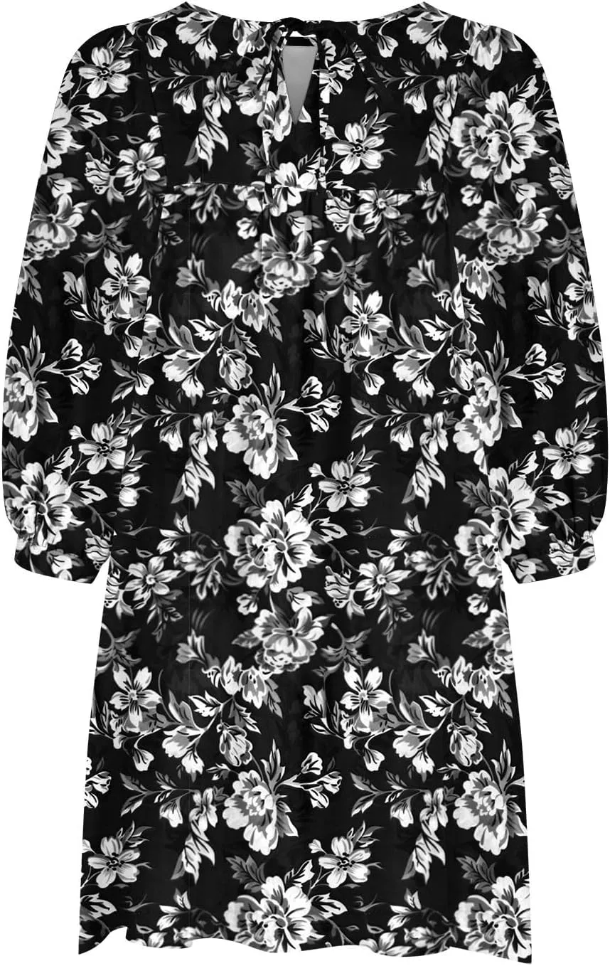Womens Summer Casual V-Neck 3/4 Sleeve Sundress Boho Print Hawaiian Beach Dress Flowy Swing Vacation Mini Dress