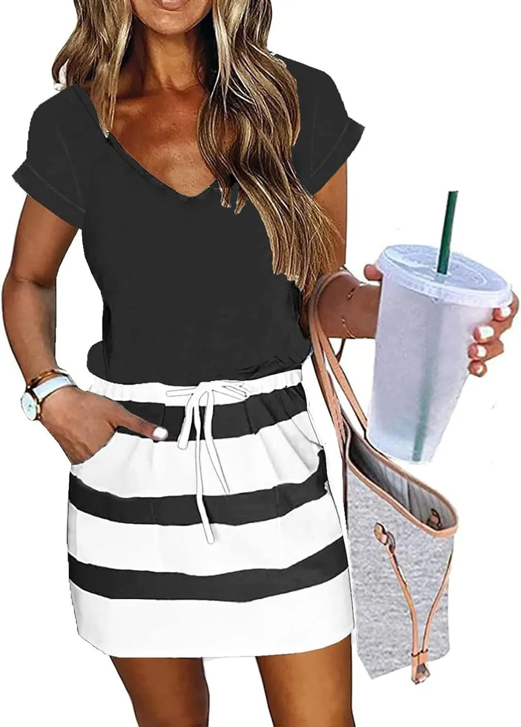 Womens Summer Dresses 2025 Casual Tie Front Short Sleeve a Line Midi Tshirt Dress Beach Vacation Clothes with Pockets