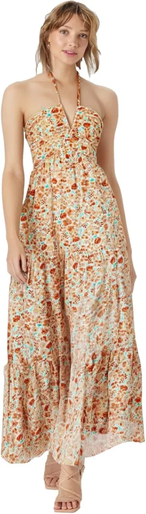 Women's Summer Dresses 2025 Halter Neck Sleeveless Smocked Backless Cut Out Floral Flowy A Line Maxi Dress