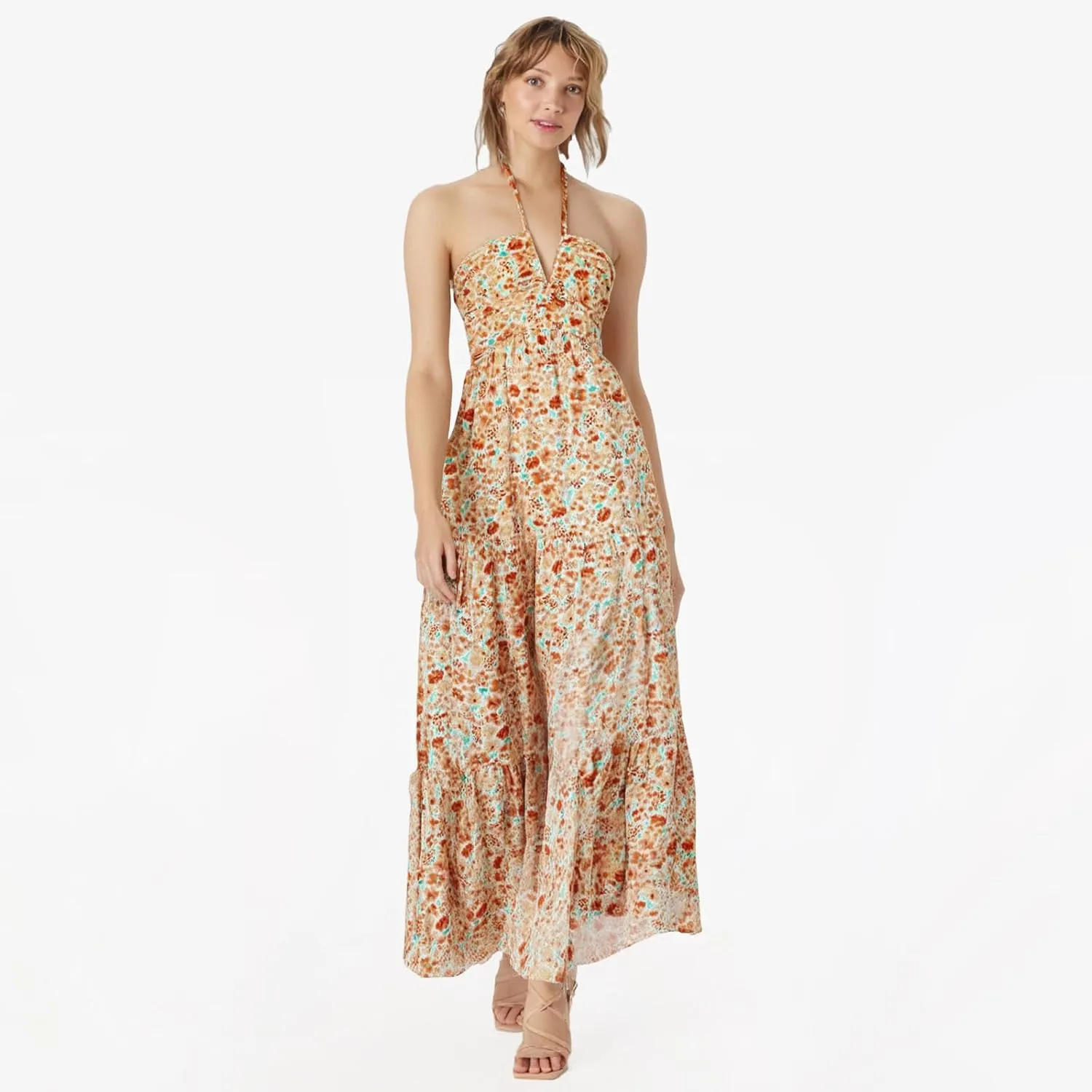 Women's Summer Dresses 2025 Halter Neck Sleeveless Smocked Backless Cut Out Floral Flowy A Line Maxi Dress