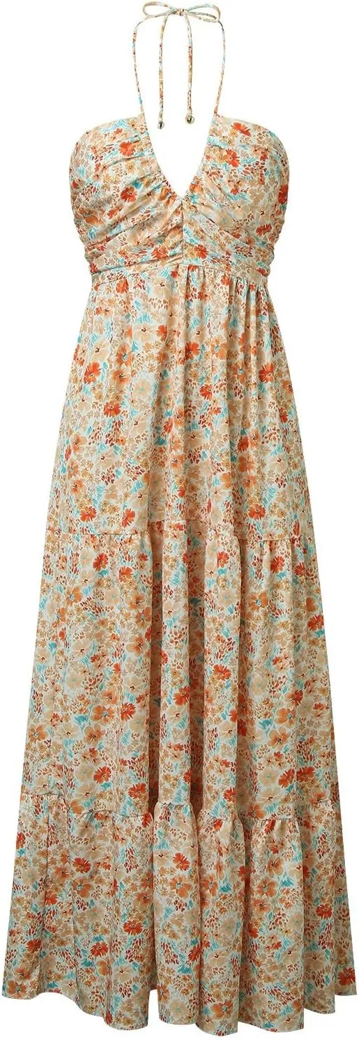 Women's Summer Dresses 2025 Halter Neck Sleeveless Smocked Backless Cut Out Floral Flowy A Line Maxi Dress