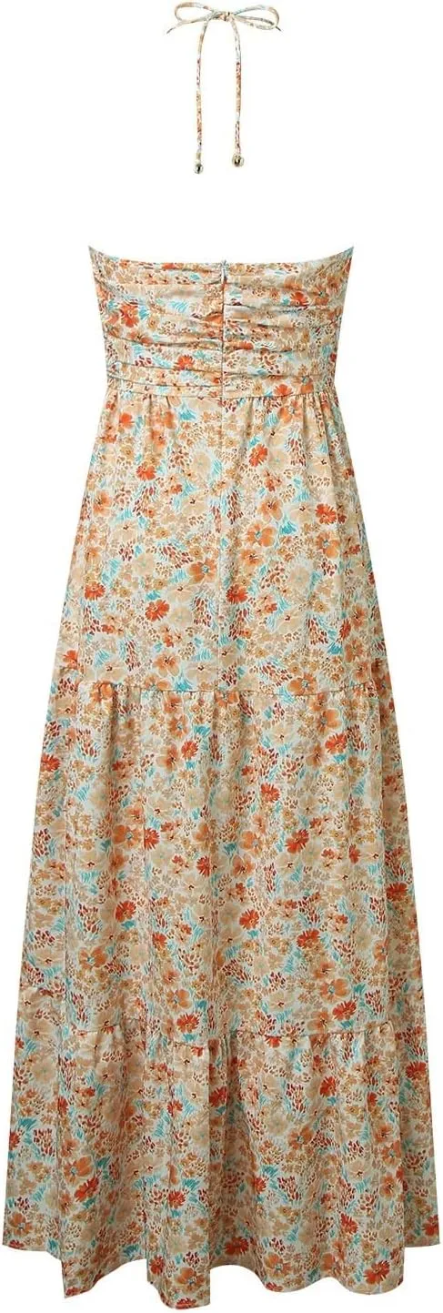 Women's Summer Dresses 2025 Halter Neck Sleeveless Smocked Backless Cut Out Floral Flowy A Line Maxi Dress