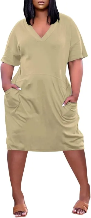Women's Summer Dresses 2025 Plus Size V Neck Short Sleeve Knee Length Soild Color Tshirt Dresses Midi, L-5XL