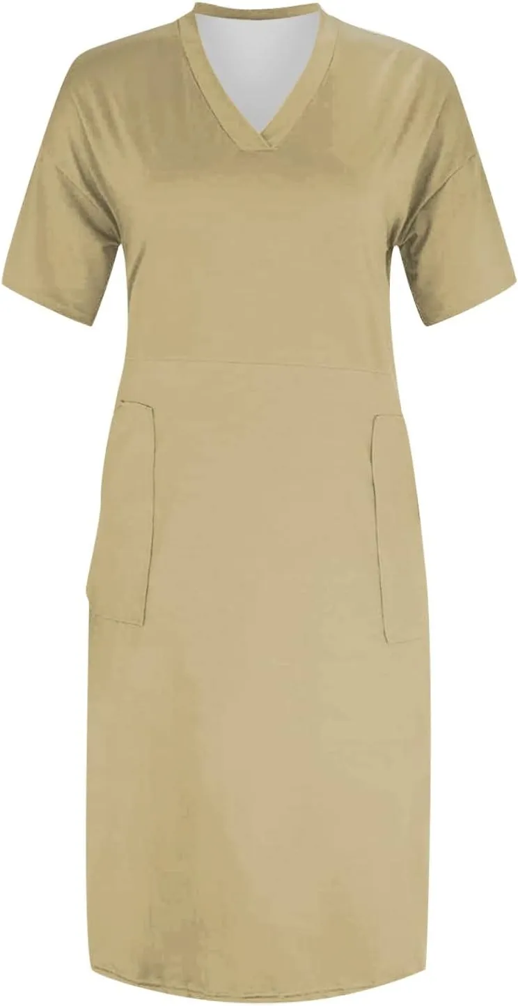 Women's Summer Dresses 2025 Plus Size V Neck Short Sleeve Knee Length Soild Color Tshirt Dresses Midi, L-5XL