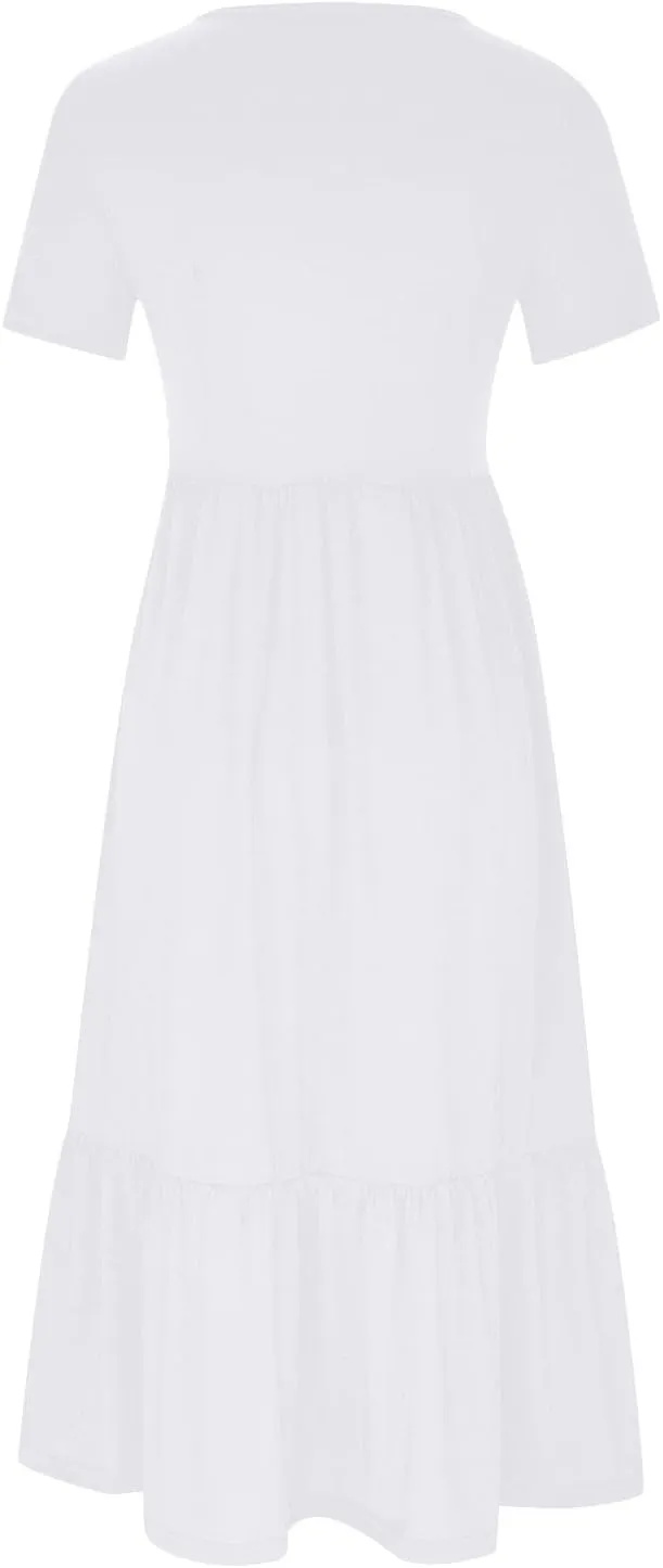 Womens Summer Dresses Comfy Pleated Ruffle Hem T Shirt Dress Cute Plain Tiered Maxi Beach Dress with Pockets