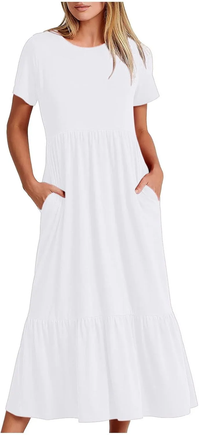 Womens Summer Dresses Comfy Pleated Ruffle Hem T Shirt Dress Cute Plain Tiered Maxi Beach Dress with Pockets