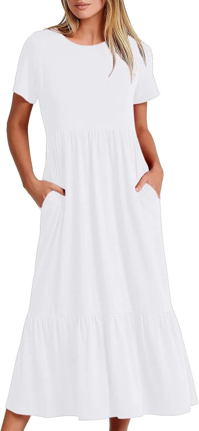 Womens Summer Dresses Comfy Pleated Ruffle Hem T Shirt Dress Cute Plain Tiered Maxi Beach Dress with Pockets
