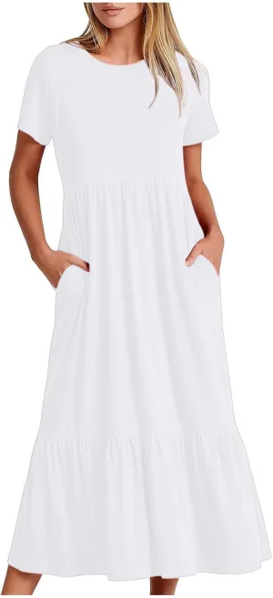 Womens Summer Dresses Comfy Pleated Ruffle Hem T Shirt Dress Cute Plain Tiered Maxi Beach Dress with Pockets