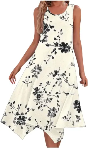 Womens Summer Dresses Loose Sleeveless Crew Neck Beach Irregular Dress with Pockets Printed 2025 Fashion Sundresses