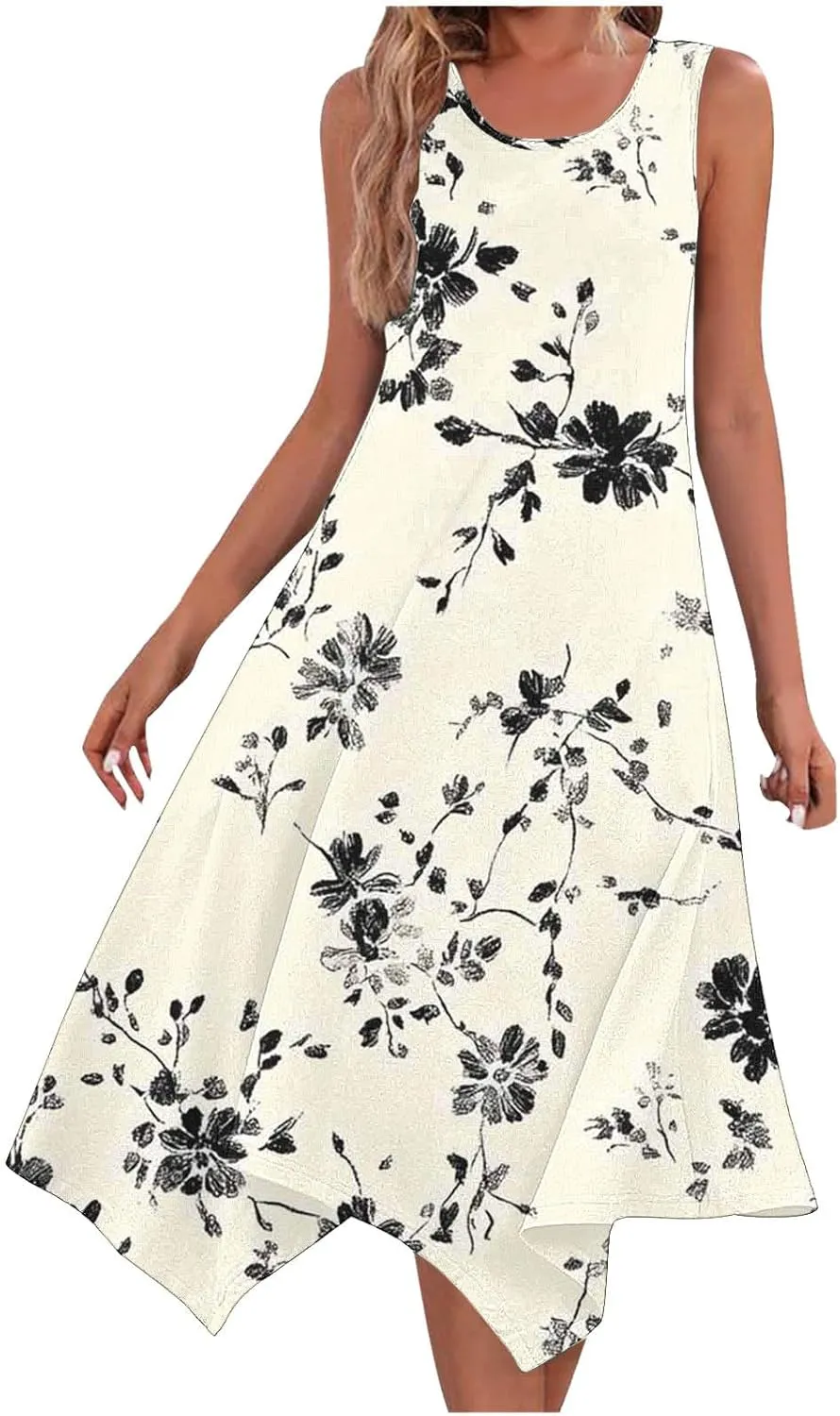 Womens Summer Dresses Loose Sleeveless Crew Neck Beach Irregular Dress with Pockets Printed 2025 Fashion Sundresses