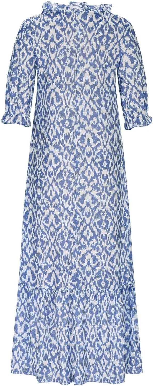 Women's Summer Ruffle Maxi Dresses 3/4 Sleeve Floral Pleated Swing Dress Bohemian Flowy A Line Boho Beach Long Dress