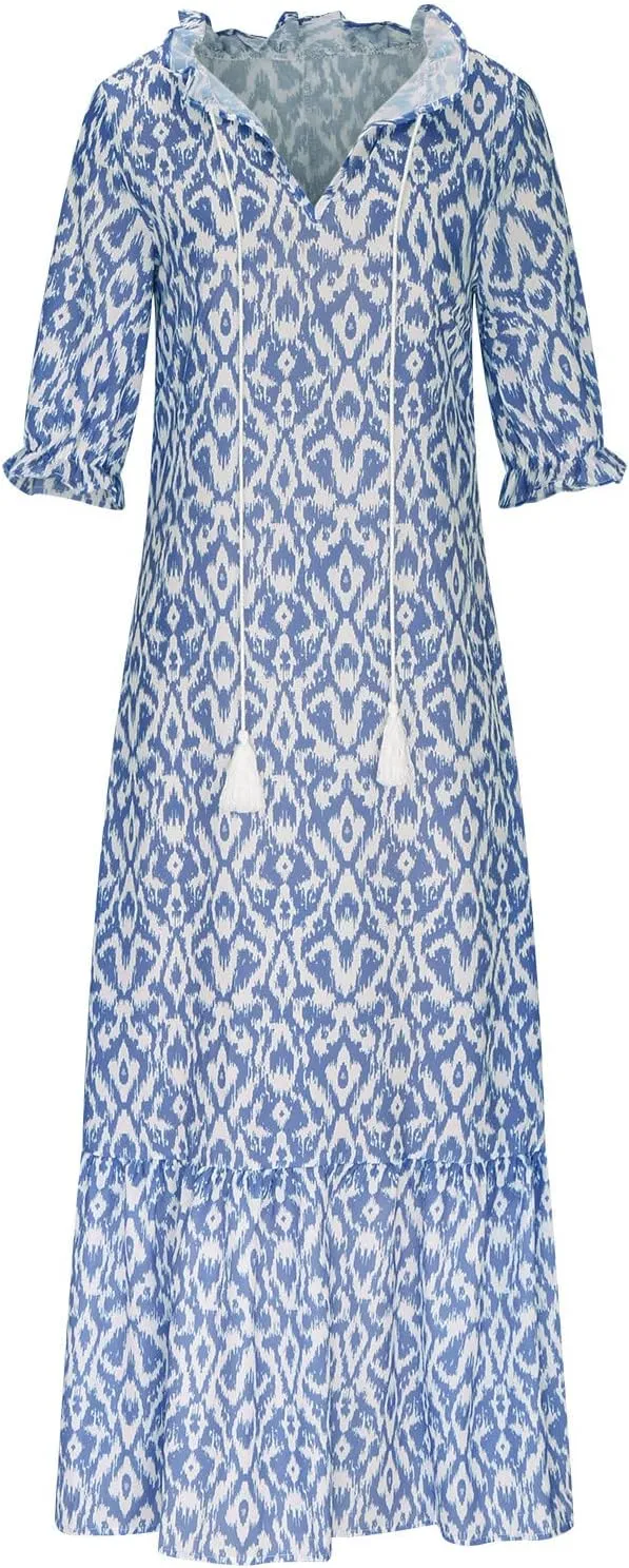 Women's Summer Ruffle Maxi Dresses 3/4 Sleeve Floral Pleated Swing Dress Bohemian Flowy A Line Boho Beach Long Dress