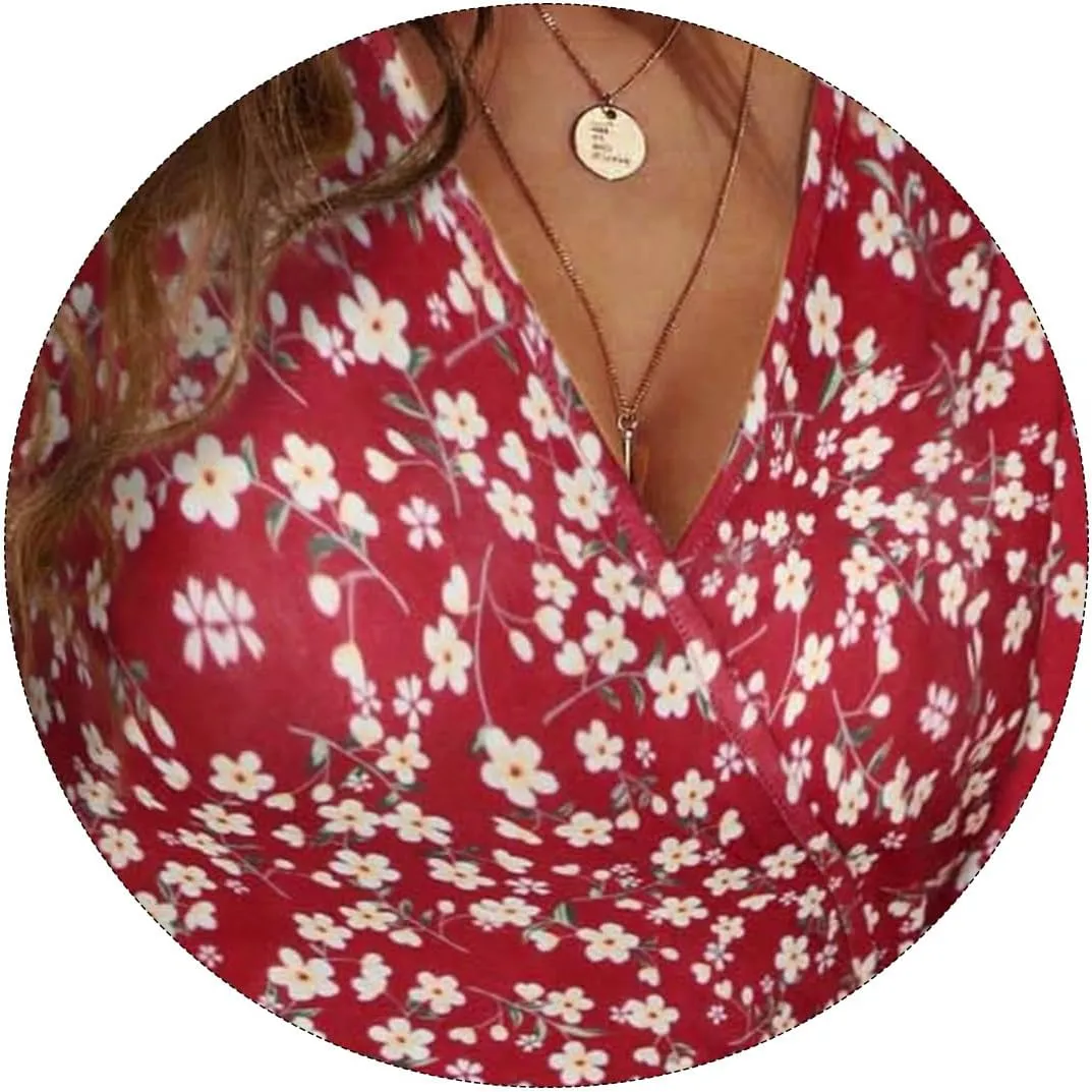 Womens Sundress Floral Smocked V Neck Dresses A-Line Short Sleeve Wrap Midi Dress Casual Flowy Dress Boho Beach Dresses