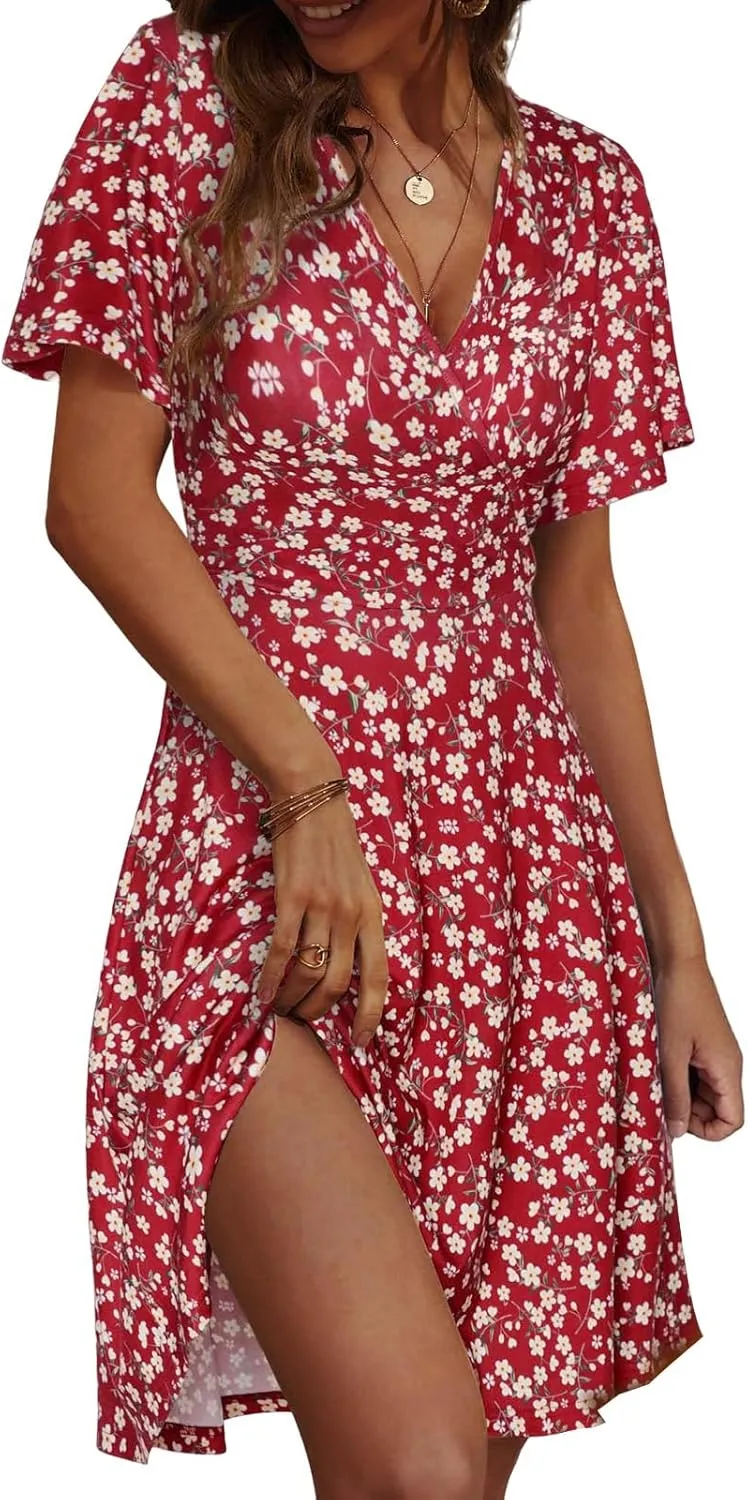 Womens Sundress Floral Smocked V Neck Dresses A-Line Short Sleeve Wrap Midi Dress Casual Flowy Dress Boho Beach Dresses