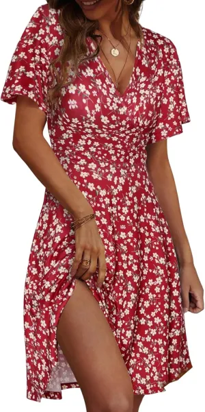 Womens Sundress Floral Smocked V Neck Dresses A-Line Short Sleeve Wrap Midi Dress Casual Flowy Dress Boho Beach Dresses
