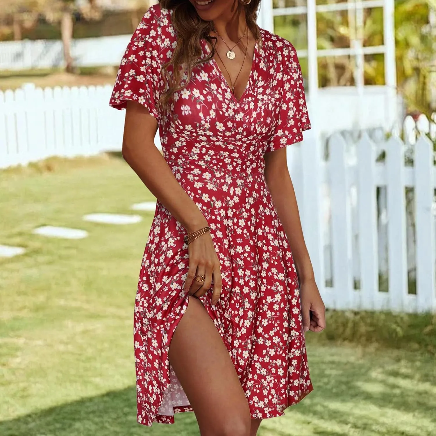 Womens Sundress Floral Smocked V Neck Dresses A-Line Short Sleeve Wrap Midi Dress Casual Flowy Dress Boho Beach Dresses