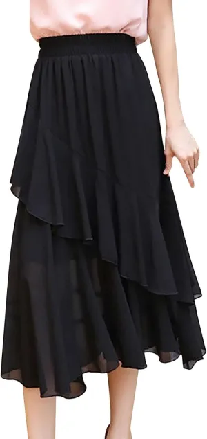 Women's Tulle Skirt Asymmetrical Pleated Elastic High Waist Layered Tutu Skirt Casual Cocktail Party A-Line Mesh Midi Skirt