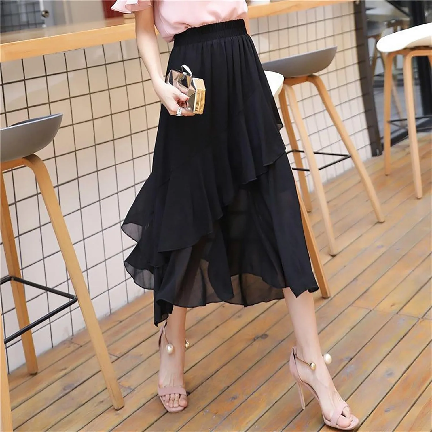 Women's Tulle Skirt Asymmetrical Pleated Elastic High Waist Layered Tutu Skirt Casual Cocktail Party A-Line Mesh Midi Skirt