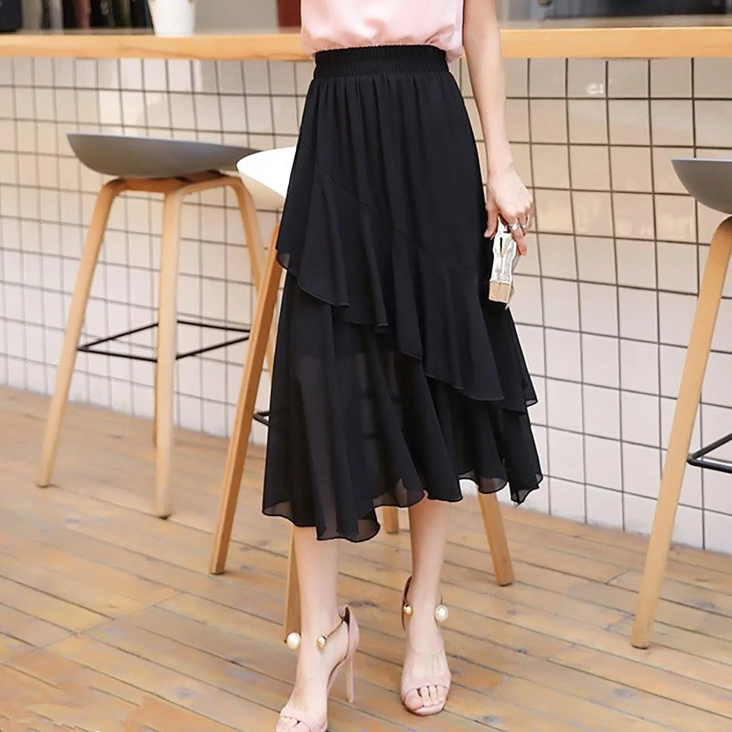 Women's Tulle Skirt Asymmetrical Pleated Elastic High Waist Layered Tutu Skirt Casual Cocktail Party A-Line Mesh Midi Skirt