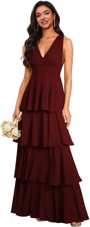 Women's V Neck Tiered Skirt Bridesmaid Dresses 2025 Long Backless Chffon Formal Evening Party Dresses HO052