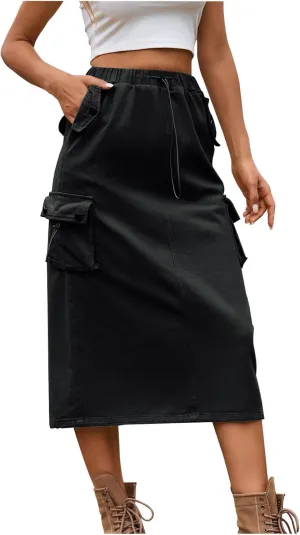 Womens Vintage Cargo Denim Midi Skirt Frayed Raw Hem Drawstring High Waist A-Line Long Jean Skirts with Pockets