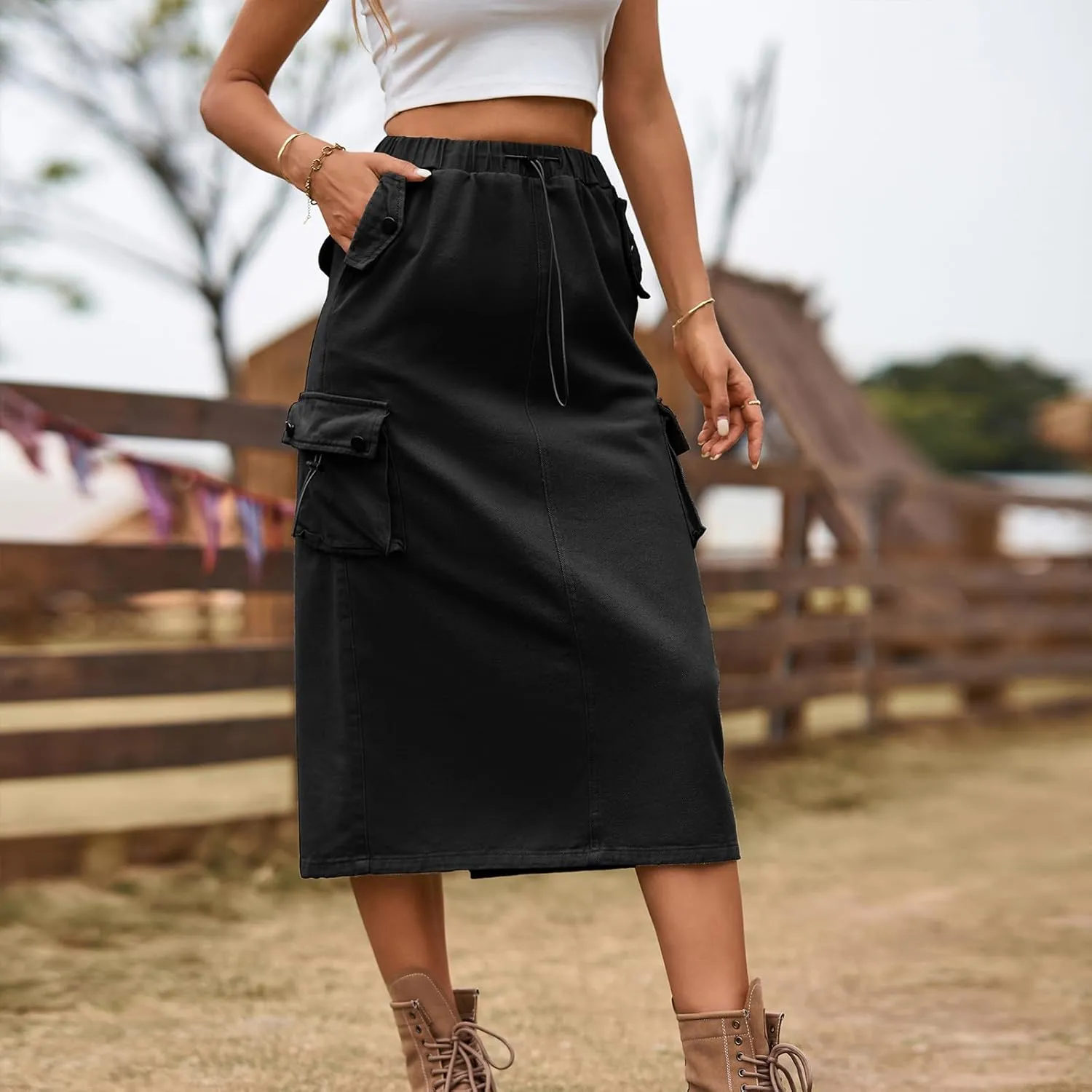 Womens Vintage Cargo Denim Midi Skirt Frayed Raw Hem Drawstring High Waist A-Line Long Jean Skirts with Pockets