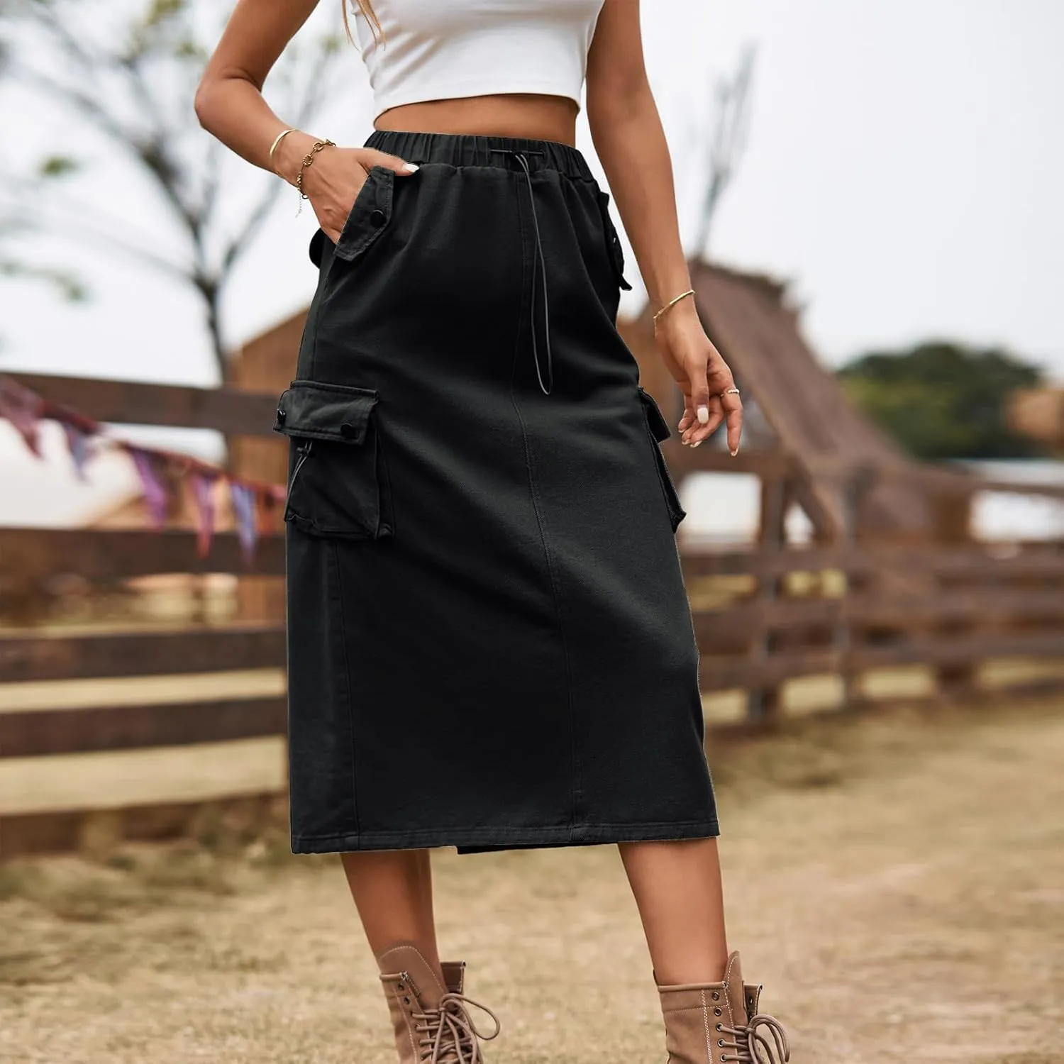 Womens Vintage Cargo Denim Midi Skirt Frayed Raw Hem Drawstring High Waist A-Line Long Jean Skirts with Pockets