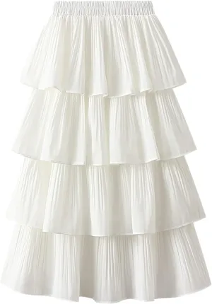 XIAOBU Cake Skirt Women's Elastic High Waist Midi Skirts Solid Tiered Pleated Long Skirt Casual A-Line Swing Skirt White