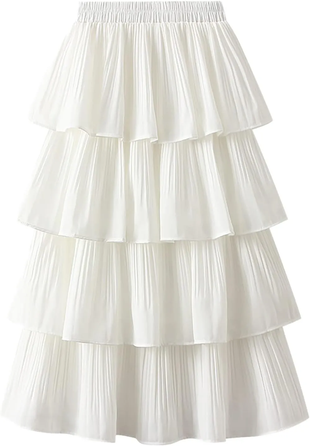 XIAOBU Cake Skirt Women's Elastic High Waist Midi Skirts Solid Tiered Pleated Long Skirt Casual A-Line Swing Skirt White
