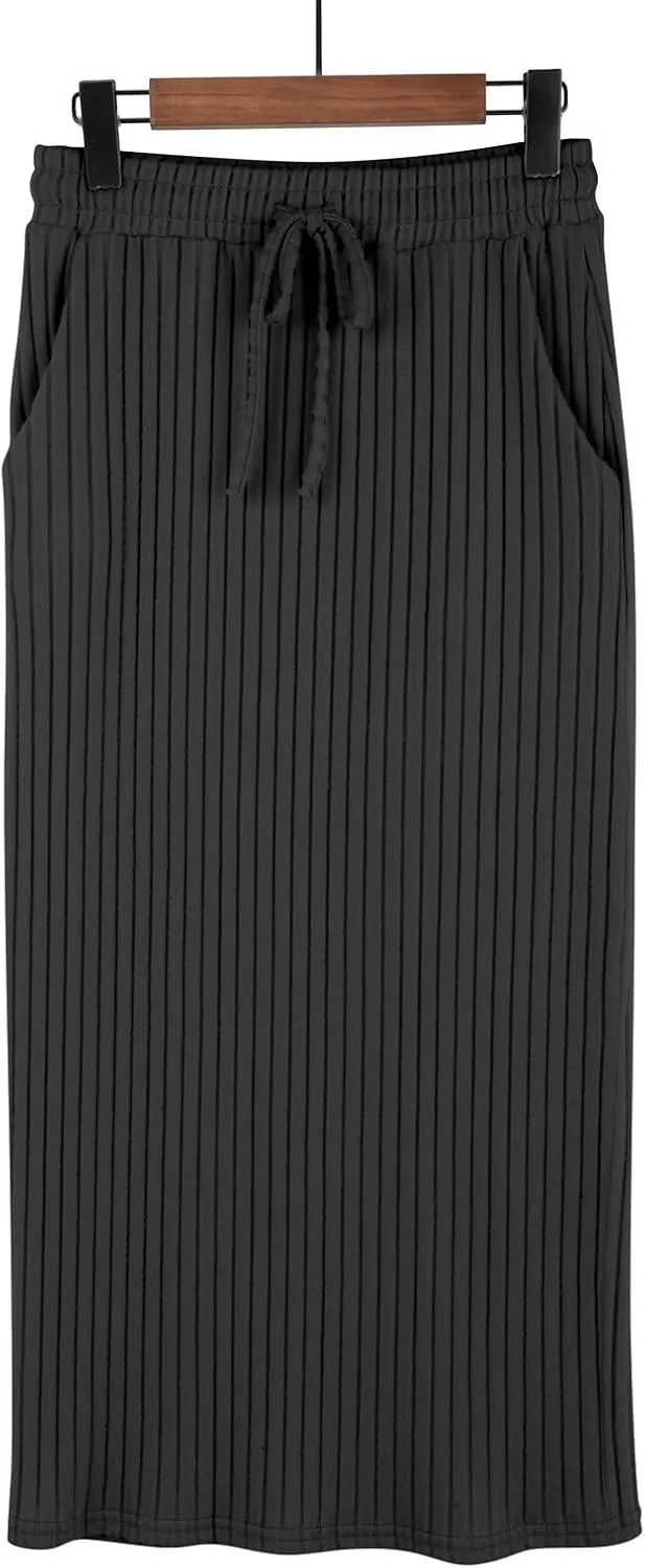 XOWRTE Women's Ribbed Knit Bodycon Maxi Skirt High Waisted Spring Fall Pencil Long Skirts Elastic High Waisted Midi Skirt