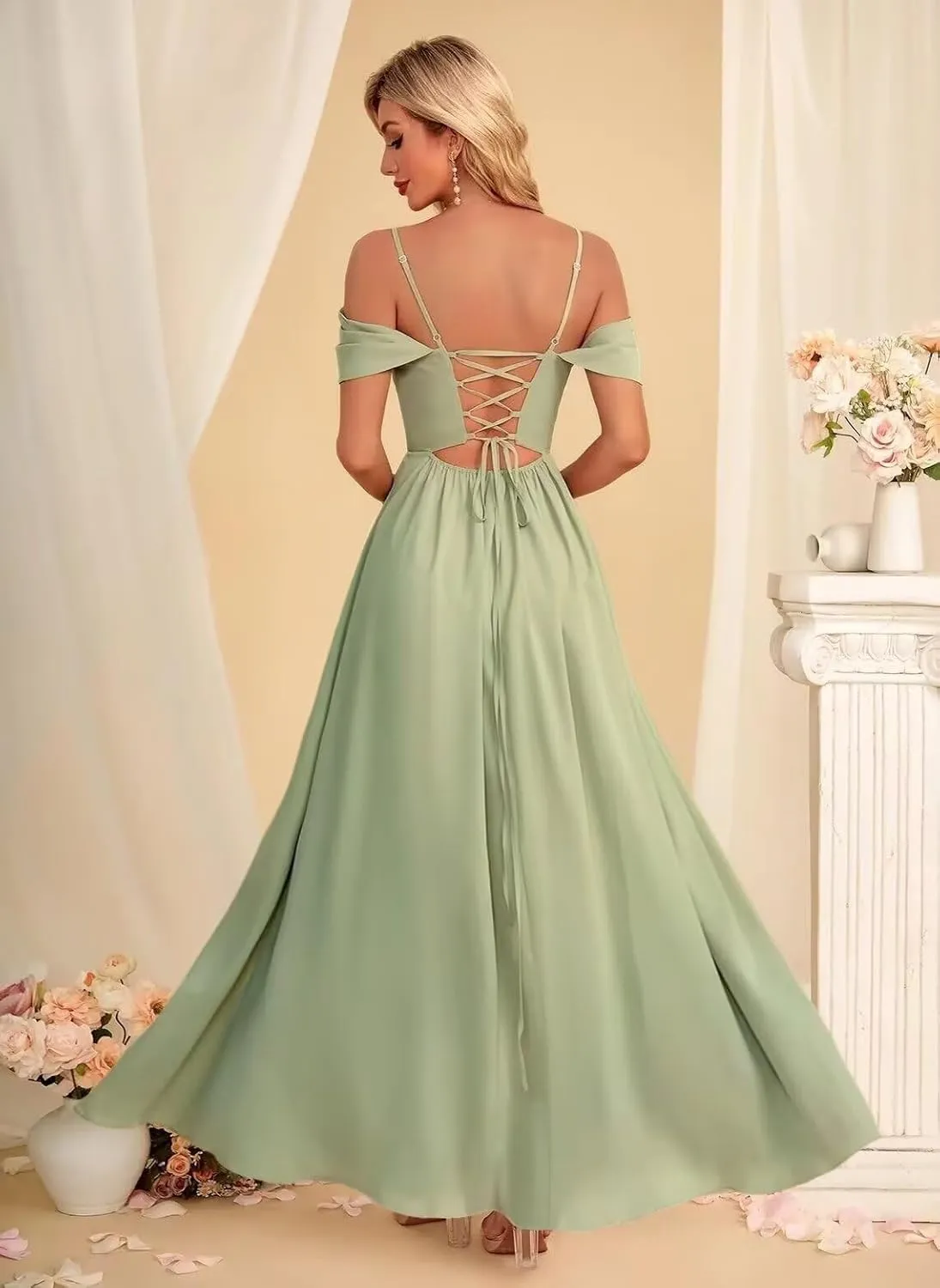 YMSHA Women's Off Shoulder Bridesmaid Dresses with Slit Chiffon Pleated Formal Dress with Slit YMS155