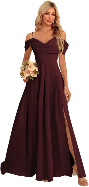 YMSHA Women's Off Shoulder Bridesmaid Dresses with Slit Chiffon Pleated Formal Dress with Slit YMS155
