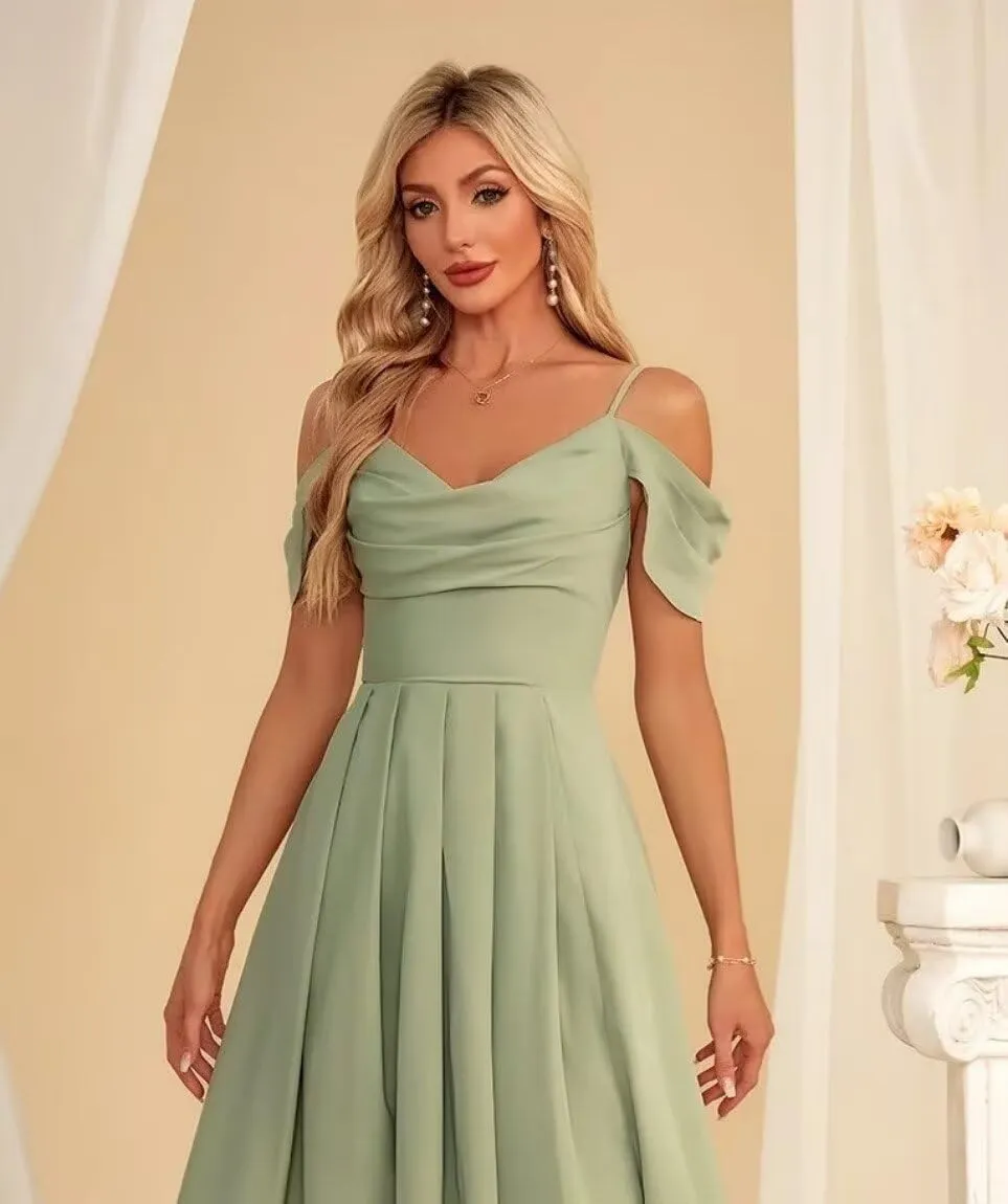 YMSHA Women's Off Shoulder Bridesmaid Dresses with Slit Chiffon Pleated Formal Dress with Slit YMS155