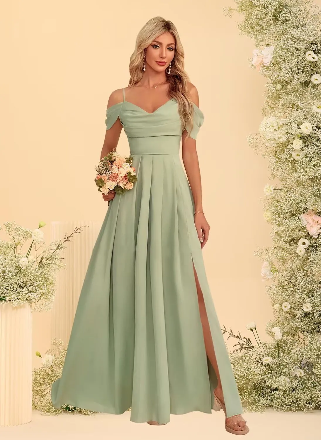 YMSHA Women's Off Shoulder Bridesmaid Dresses with Slit Chiffon Pleated Formal Dress with Slit YMS155
